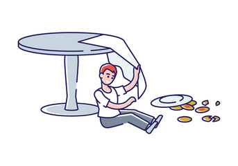 Naughty boy make mess with table, breakfast and tablecloth. Bad manners and behavior of kid concept