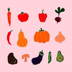 Colección de vegetales minimalista. Zanahoria, tomate, pepper, pumpkin, onion, potato, mushroom and more.