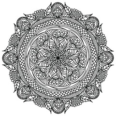 mandala with flowers and leaves in folk style drawn on a white background for coloring, vector