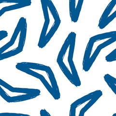 Blue boomerangs isolated on white background. Monochrome seamless pattern. Hand drawn vector flat graphic illustration. Texture. - obrazy, fototapety, plakaty
