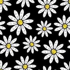 Beautiful white daisy flowers isolated on black background. Cute childish seamless pattern. Hand drawn vector flat graphic illustration. Texture.