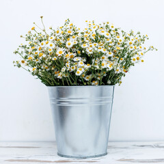 a bouquet of daisies flowers stands in a vase in the shape of a metal bucket on a white background