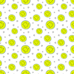 Seamless vector yellow watermelon slices and black little hearts pattern, hand drawning. Fresh summer illustration. Perfect for fabric or wallpaper.
