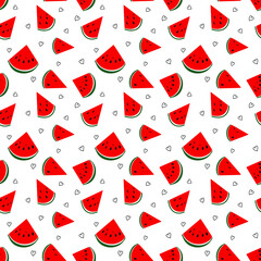 Seamless vector red watermelon slices and black little hearts pattern, hand drawning. Fresh summer illustration. Perfect for fabric or wallpaper.