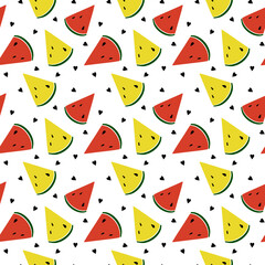 Seamless vector red and yellow watermelon slices pattern, with black little hearts, hand drawning. Fresh summer illustration. Perfect for fabric or wallpaper.