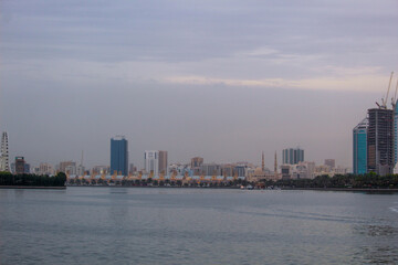 Fototapeta premium Landscape of Al-Rolla area, central souq, corniche and sea Sharjah, UAE.