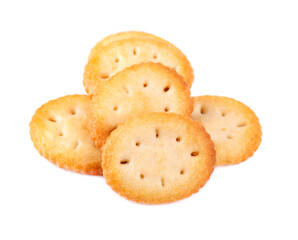 Cracker isolated on white background. Dry cracker cookies isolated. Salty snacks isolated. Top view.