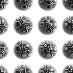 Abstract geometric rings seamless pattern. Optical illusion of volume. Black and white image.