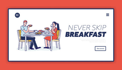 Family having breakfast, lifestyle landing page design. Man and woman eat sandwich and drink coffee