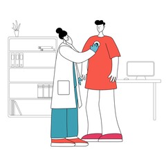Pulmonology Healthcare. Doctors Check Human Tuberculosis Lungs. Cartoon Flat Vector Illustration, Line Art