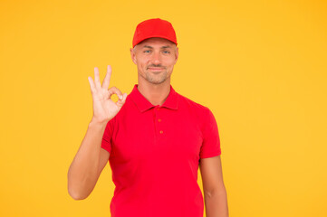 Free services. Freight transportation. Perfect delivery. Delivery man yellow background. Express delivery courier service. Parcel post package. Delivery copy space. Cashier shop staff. Black friday