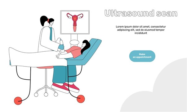 Medical tests ultrasound modern flat vector concept digital illustration of ultrasonography procedure -doctor examing patient pregnant woman scanner, medical office or laboratory