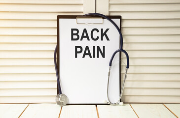 Handwriting text Back Pain. Concept meaning Soreness of the bones felt at the lower back portion of the body Plain empty paper attached to a stick and placed in the green leafy plants.