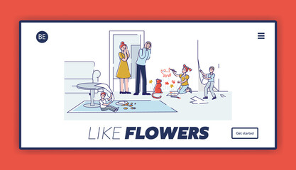 Landing page with upset parents and naughty hyperactive kids making mess at home