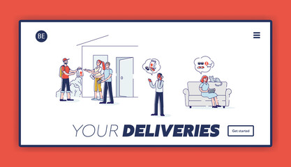 Sushi delivery service landing page design with cartoon people order japan food using phone, laptop