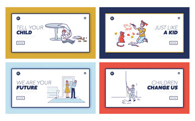 Set of landing pages with naughty kids and sad parents on template background