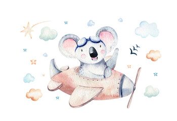 Aquarell Set Baby Cartoon niedlich Pilot Luftfahrt Hintergrund Illustration ausgefallener Himmel Transport komplett mit Flugzeugen Ballons, Wolken. kindisches Jungenmuster. Es ist eine Babypartyillustration © kris_art