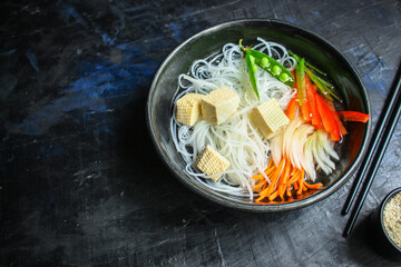 rice noodles pho soup glass noodle Asian vermicelli Menu concept serving size food background top...
