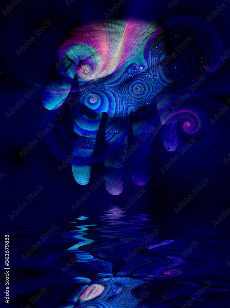 Poster surreal digital art. swirling lines and palm reflected in the water. 3d rendering