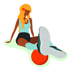 Beautiful girl blonde sits resting after playing sports and playing basketball ball Valeball