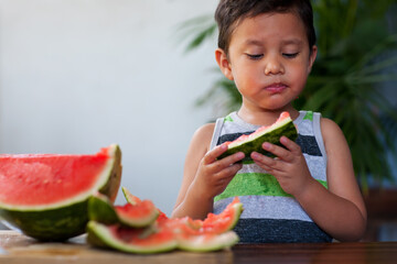 Little kid eating refreshing watermelon slices, cut into kid-friendly wedges, during summer.