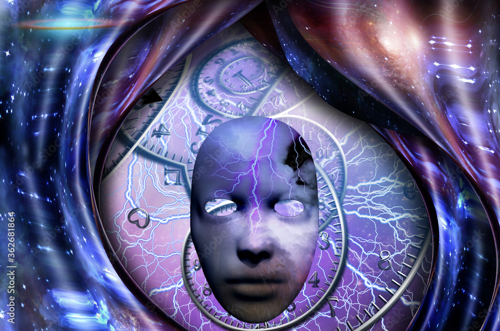 Poster surrealism. mask with lightning. spirals of time and warped space. 3d rendering