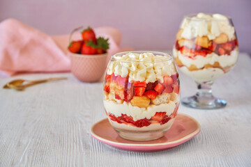 Strawberry tiramisu , laeyered summer dessert.