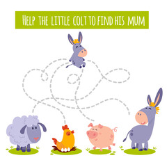 Conundrum. Farm animal educational maze game. Labyrinth page for children's magazine, leisure activity task. Activity for preschool years kids and toddlers.