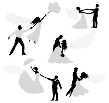 Set of romantic wedding silhouettes. Isolated on white.
