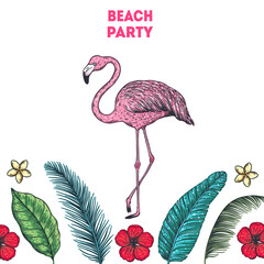 Tropical design template. Flamingo and palm leaves vector illustration. Summer design.