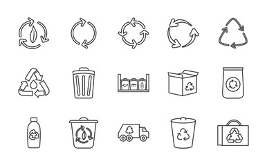 garbage truck and recycling icon set, line style