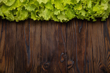 Fresh farm lettuce leaves on a brown wooden background