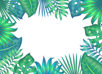 Fototapeta na wymiar Frame with different tropical leaves isolated on white. Vector illustration.