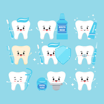 Cute teeth with oral hygiene products icons set isolated on white background. Tooth with braces, implant, crown, plaque and mouth wash, dental floss, toothbrush, toothpaste vector flat illustration.