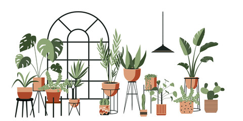 Plant lady green house. Set of cute plants in pots, planters, cacti, tropical leaves. Urban jungle banner, greeting card print. House interior decor elements. Houseplants growing, Home gardening