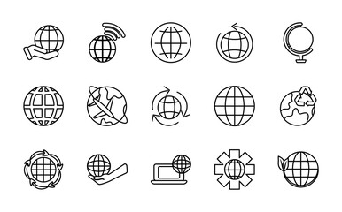 earth planet and world icon set, line style