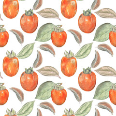 Seamless pattern with juicy persimmon and leaves. Watercolor illustration. Autumn mood, bright and harmonic color range. 