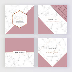 Geometric social media banners with nude triangles shapes and gold lines on the marble texture. Template for card, flyer, invitation
