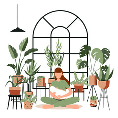 woman breast feeding her newborn baby in lotus pose in home jungle. Lactation. Banner, happy mother day clip art. Child drinks milk from breast. Yoga mom, meditation. Houseplants growing,
