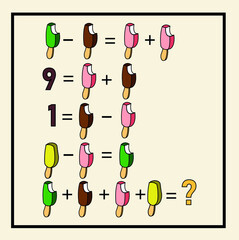 Mathematical riddle. Children funny riddle entertainment. Sheet right answer. Vector activity page and game.