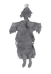 dark gray silhouette of an angel with a halo above his head, hand-drawn illustration with watercolors, with streaks of paint and paper texture
