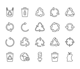 light bulb and recycle icon set, line style