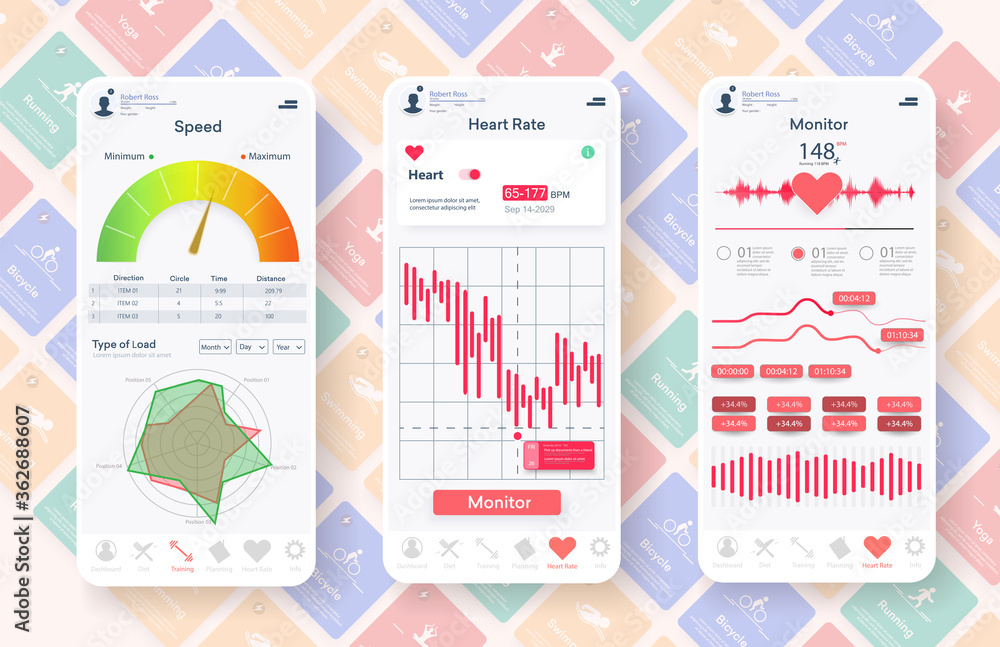Poster Material Design healthcare, Fitness activity app with heart rate monitor and online analytics. Sport UI, UX template set. GUI for responsive mobile application. Modern mock up Mobile app. Vector 