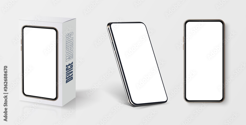 Poster white cardboard rectangular box mockup - front view. realistic smartphone mockup. cellphone frame wi