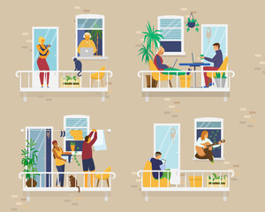 House exterior with people on cozy balconies during quarantine and doing different activities: studying, playing guitar, working, doing yoga, laundry, reading. Neighbours. Flat vector illustration. 