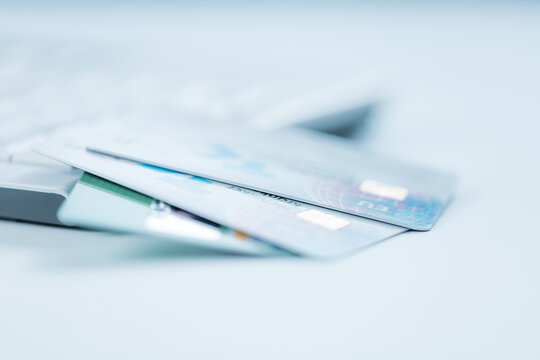 Bank creadit cards on keyboard. Concept of online banking and internet purchase.