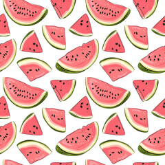 Watermelon seamless pattern. Hand drawn watermelon slice and seeds. Vector illustration for textile, paper and other products. Bright colored pink and red slices of berries on a white background.