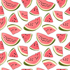 Watermelon seamless pattern. Hand drawn watermelon slice and seeds. Vector illustration for textile, paper and other products. Bright colored pink and red slices of berries on a white background.