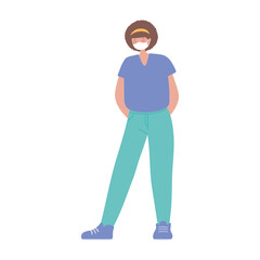 young woman wearing medical mask prevention covid 19 coronavirus, isolated design icon white background
