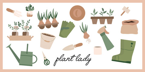 Set of gardening tools. Home garden elements, watering can, grass, garden gloves, cart and potted flowers, soil, hat, spade. boots. Plant lady print, poster, stickers. Urban farming. Season hobby